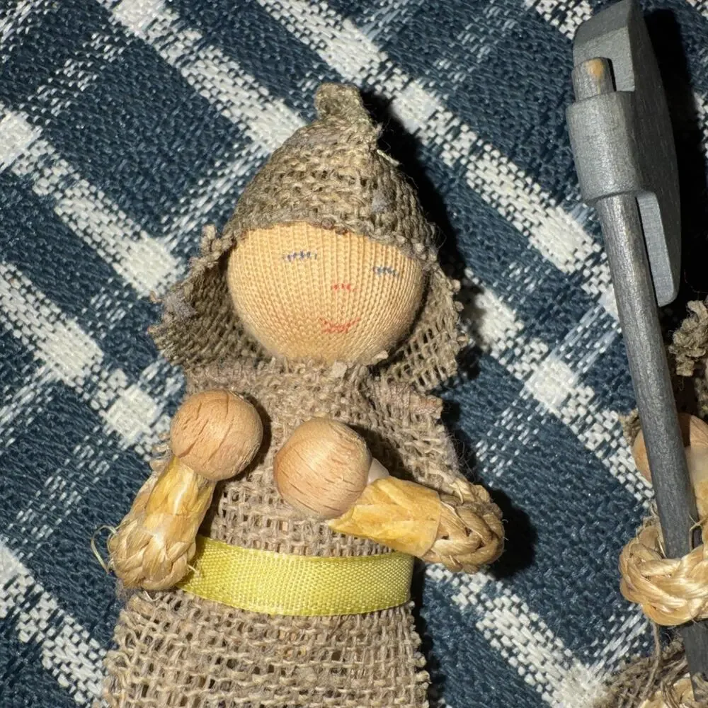 Set Of 2 Mid-Century Figurines Burlap And Wood